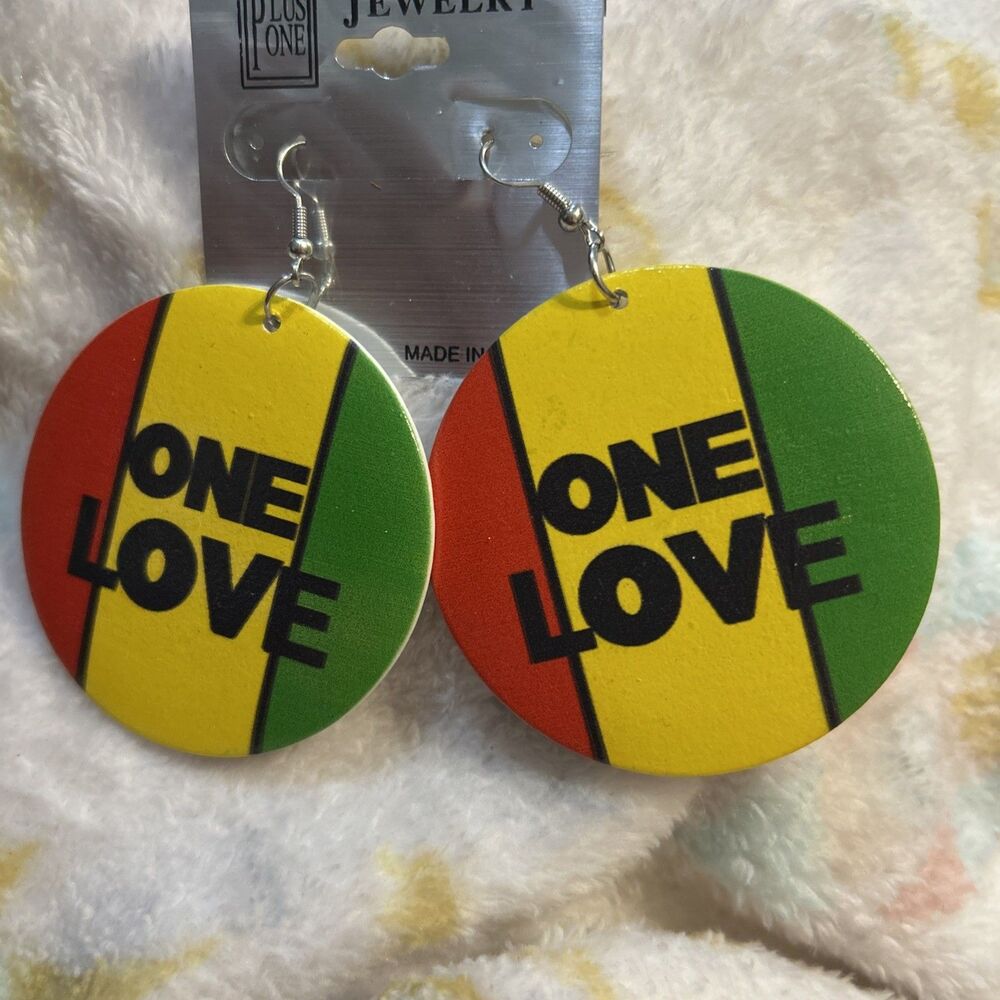 ONE LOVE MEDIUM TEXT ROUND RASTA RED YELLOW GREEN BLACK WOODEN EARRINGS 3" DROP